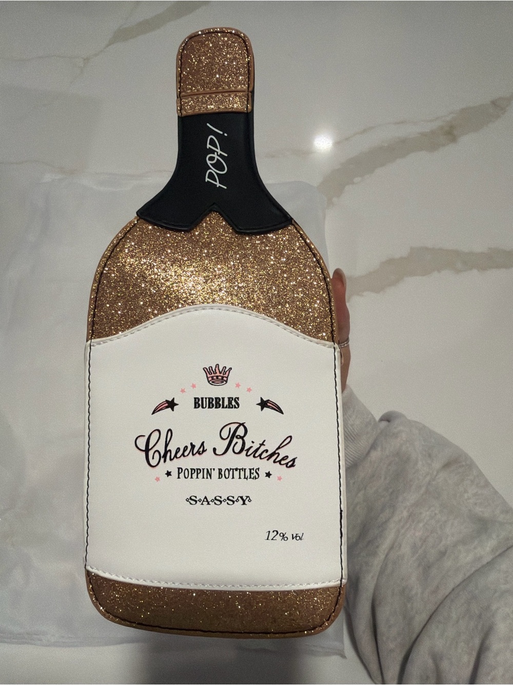 Cheers Bitches Glitter Champagne Bottle Gift Bag - White & Rose Gold